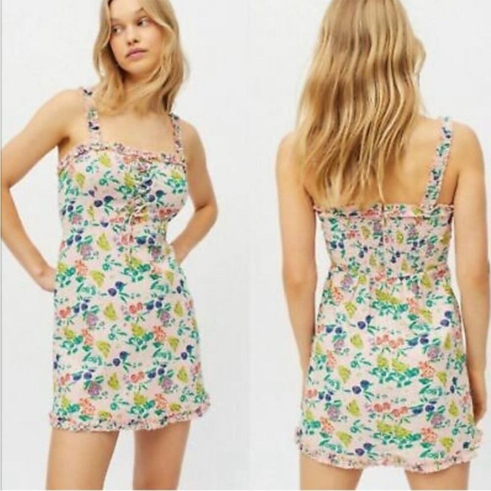 Urban Outfitters Pink Fruit Print Lace Up‎ Smocked Mini Dress Womens XS Cotton